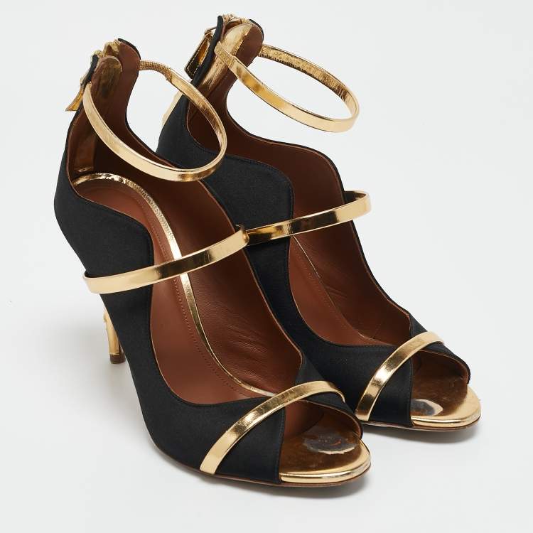 Pre Owned Malone Souliers Black/Gold Satin and Leather Mika Ankle Strap Sandals Size 37.5