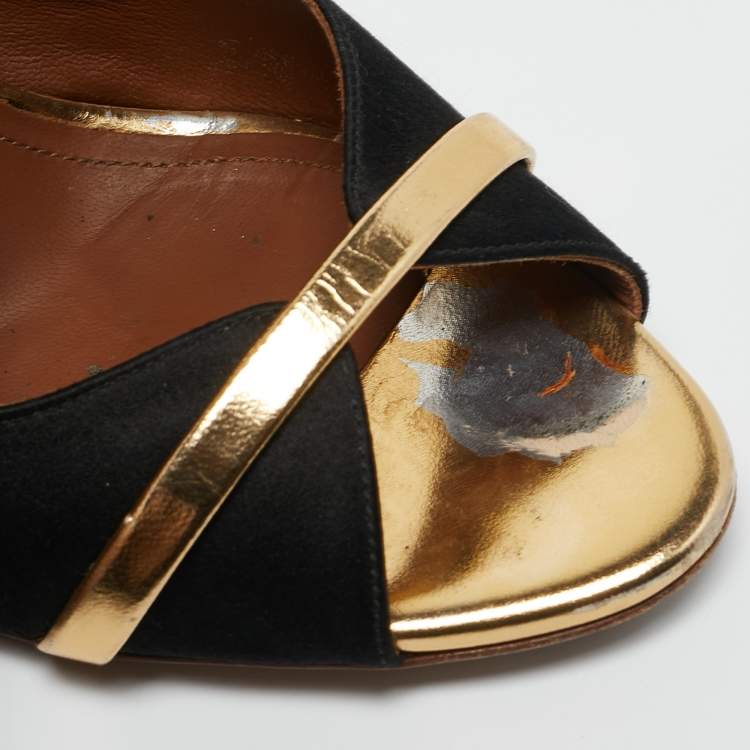 Pre Owned Malone Souliers Black/Gold Satin and Leather Mika Ankle Strap Sandals Size 37.5