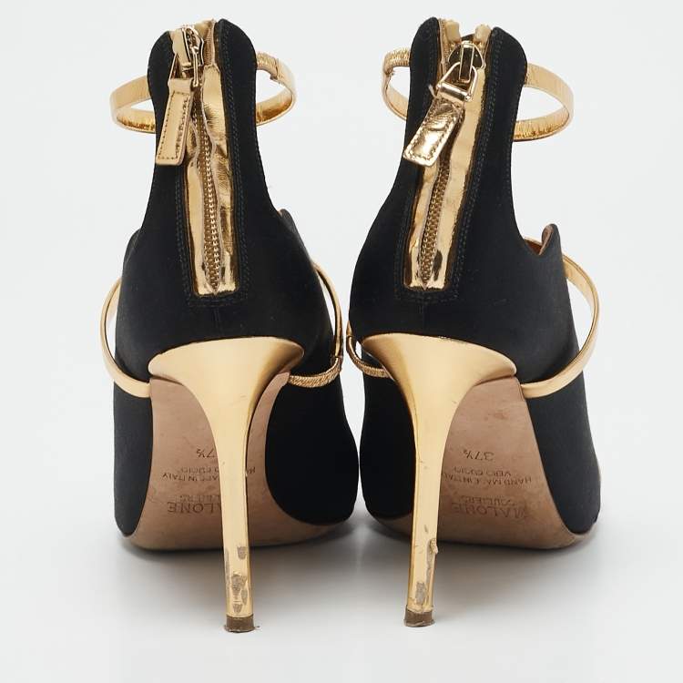 Pre Owned Malone Souliers Black/Gold Satin and Leather Mika Ankle Strap Sandals Size 37.5