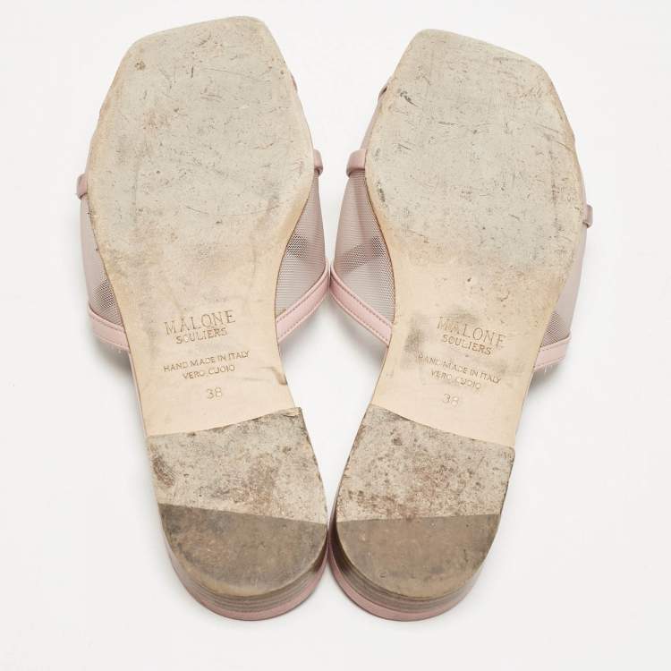 Pre Owned Malone Souliers Pink Leather and Mesh Perla Flat Slides Size 38