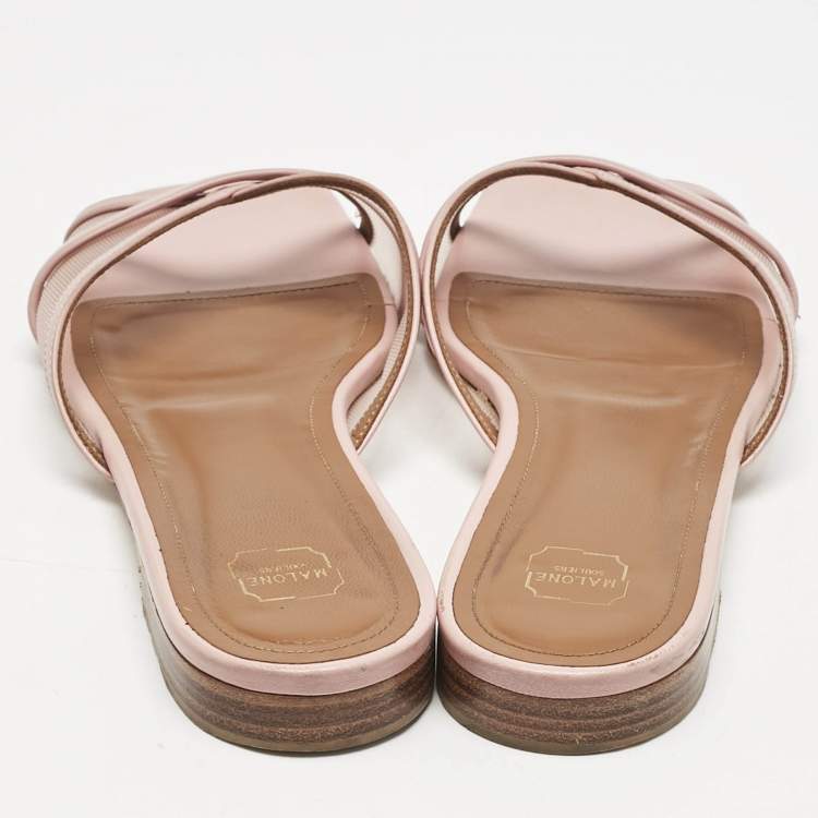 Pre Owned Malone Souliers Pink Leather and Mesh Perla Flat Slides Size 38