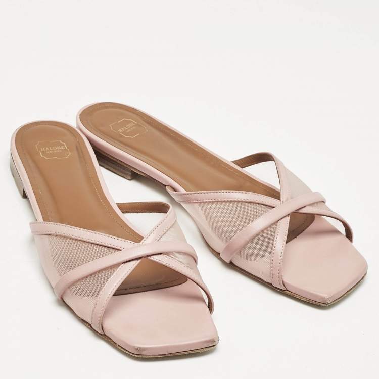 Pre Owned Malone Souliers Pink Leather and Mesh Perla Flat Slides Size 38