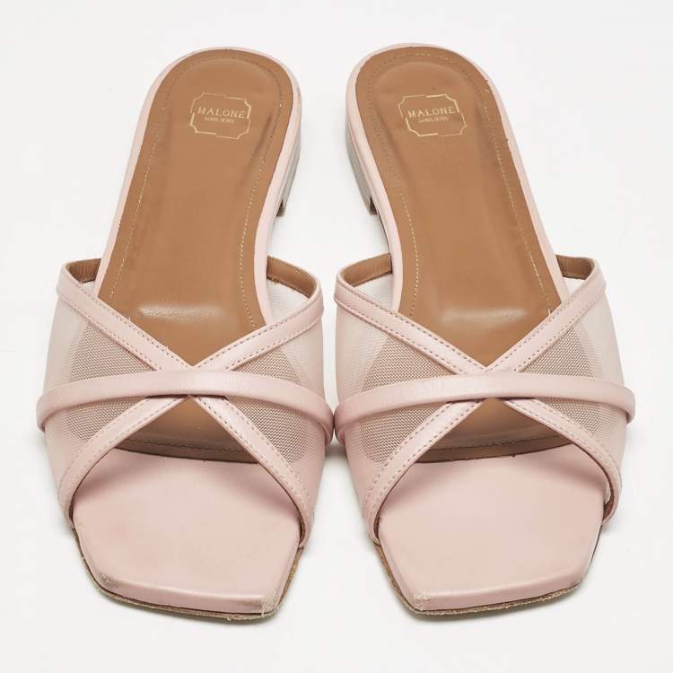Pre Owned Malone Souliers Pink Leather and Mesh Perla Flat Slides Size 38