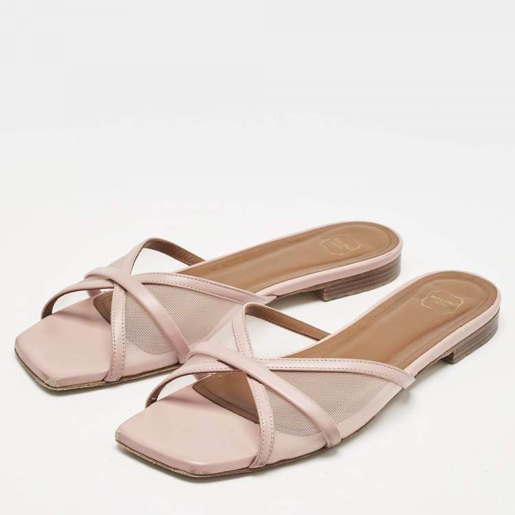 Pre Owned Malone Souliers Pink Leather and Mesh Perla Flat Slides Size 38