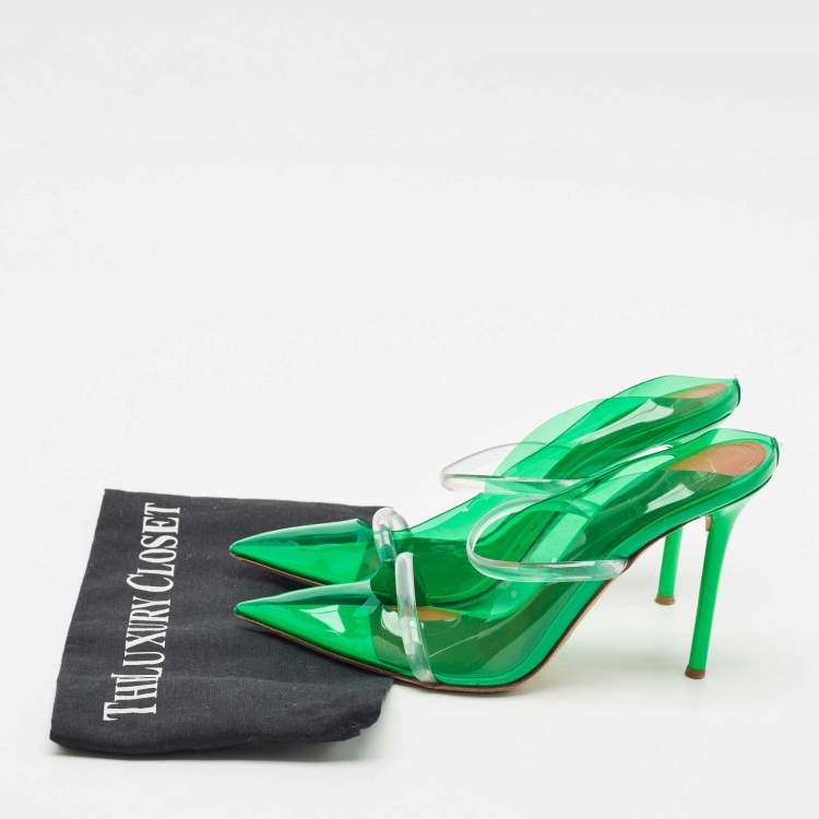 Pre Owned Malone Souliers Green/Transparent PVC Maureen Pointed Toe Mules Size 38.5
