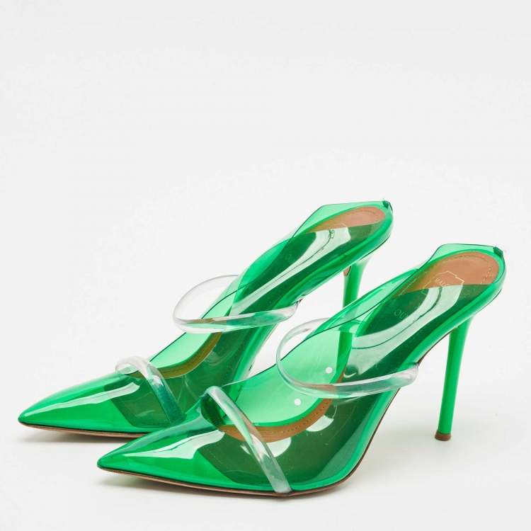 Pre Owned Malone Souliers Green/Transparent PVC Maureen Pointed Toe Mules Size 38.5
