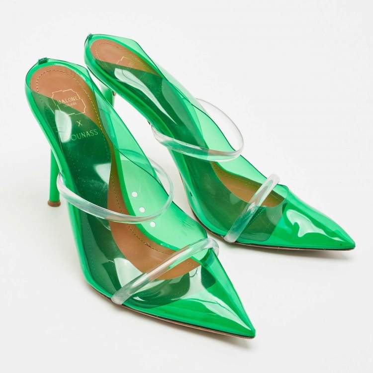 Pre Owned Malone Souliers Green/Transparent PVC Maureen Pointed Toe Mules Size 38.5