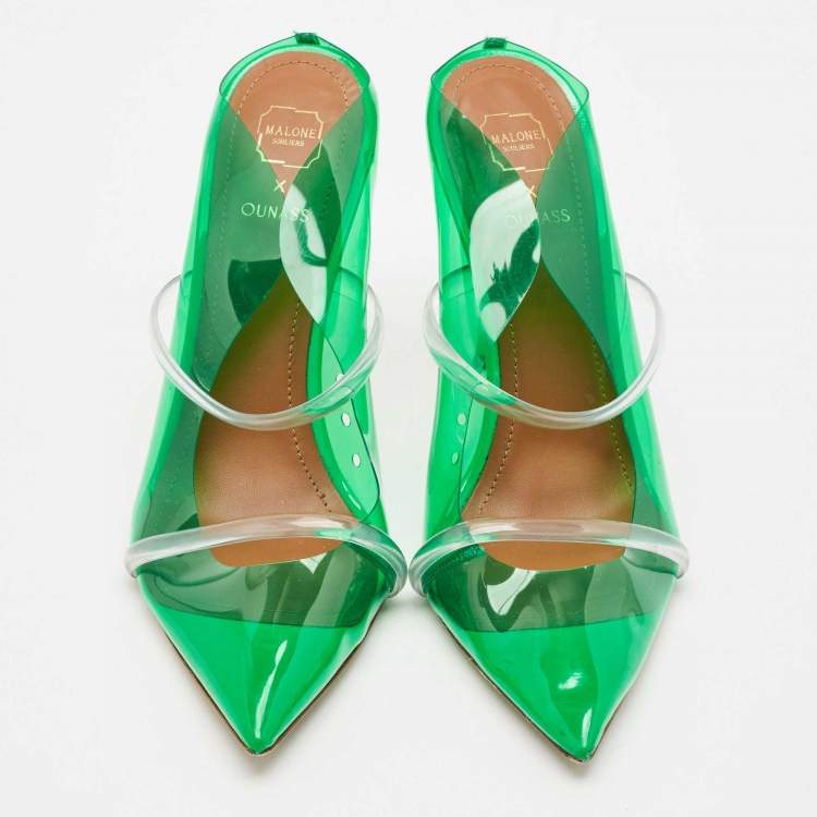Pre Owned Malone Souliers Green/Transparent PVC Maureen Pointed Toe Mules Size 38.5