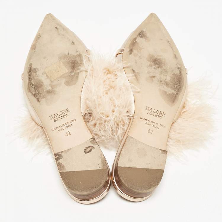 Pre Owned Malone Souliers Metallic Leather and Feather Pointed Toe Flat Mules Size 42