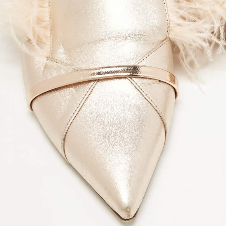 Pre Owned Malone Souliers Metallic Leather and Feather Pointed Toe Flat Mules Size 42