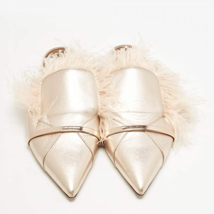 Pre Owned Malone Souliers Metallic Leather and Feather Pointed Toe Flat Mules Size 42