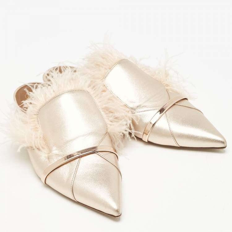 Pre Owned Malone Souliers Metallic Leather and Feather Pointed Toe Flat Mules Size 42