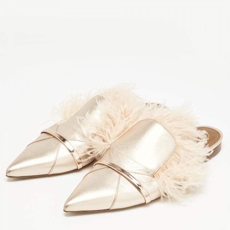Pre Owned Malone Souliers Metallic Leather and Feather Pointed Toe Flat Mules Size 42