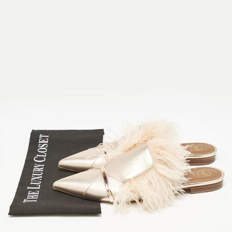 Pre Owned Malone Souliers Metallic Leather and Feather Pointed Toe Flat Mules Size 42
