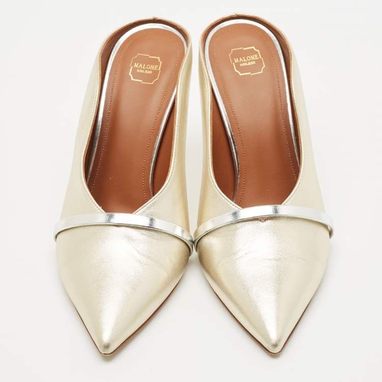 Pre Owned Malone Souliers Gold/Silver Leather Maureen Mules Size 38
