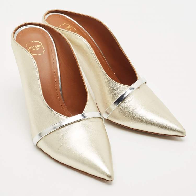 Pre Owned Malone Souliers Gold/Silver Leather Maureen Mules Size 38