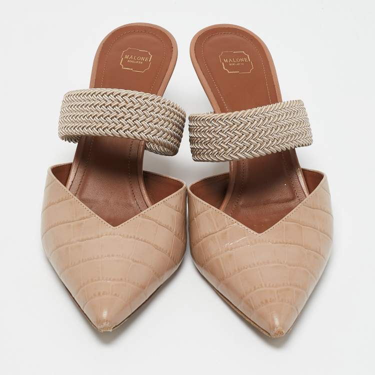 Pre Owned Malone Souliers Beige Croc Embossed Leather Maite Mules Size 40
