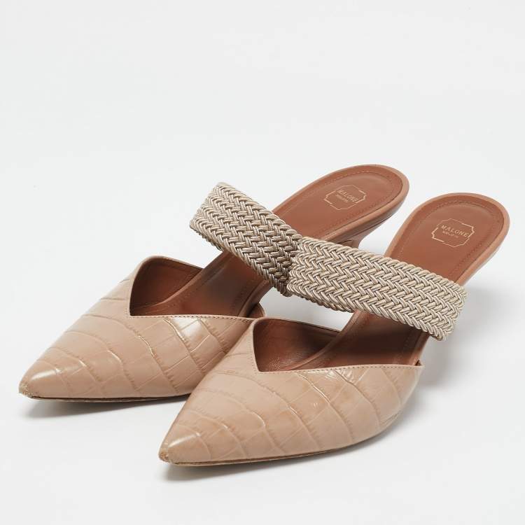 Pre Owned Malone Souliers Beige Croc Embossed Leather Maite Mules Size 40