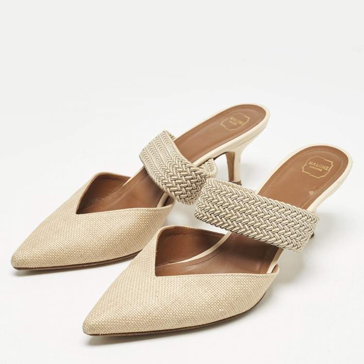 Pre Owned Malone Souliers Beige Coated Raffia and Cord Maisie Pointed Toe Mules Size 38
