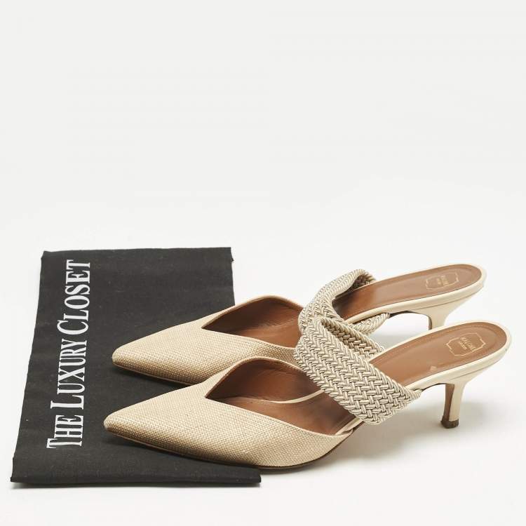 Pre Owned Malone Souliers Beige Coated Raffia and Cord Maisie Pointed Toe Mules Size 38
