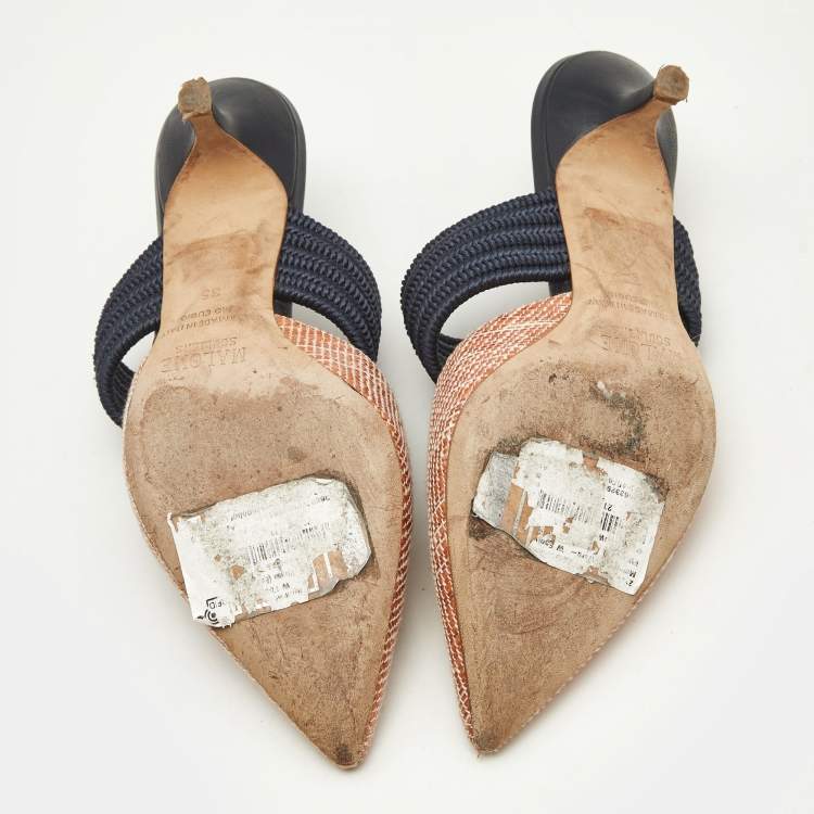 Pre Owned Malone Souliers Orange/Blue Woven Straw Maisie Heel Mules Size 35