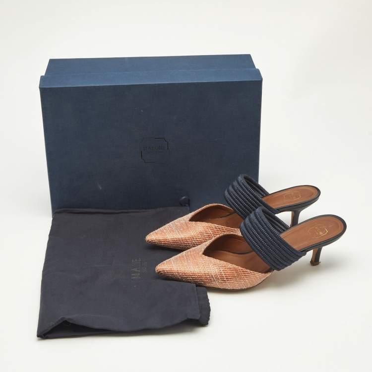 Pre Owned Malone Souliers Orange/Blue Woven Straw Maisie Heel Mules Size 35