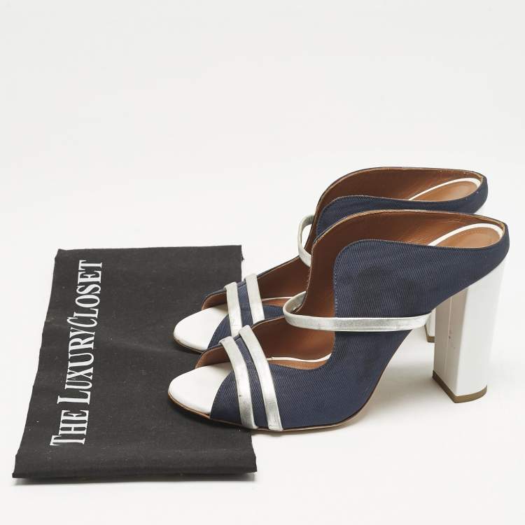 Pre Owned Malone Souliers Blue/Silver Canvas And Leather Maureen Block Heel Sandals Size 39.5