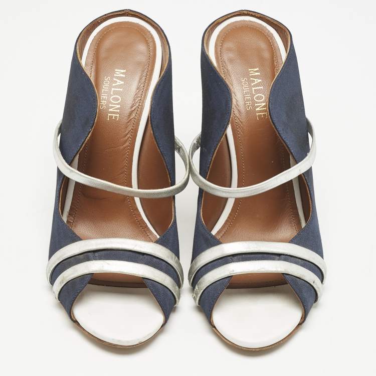 Pre Owned Malone Souliers Blue/Silver Canvas And Leather Maureen Block Heel Sandals Size 39.5