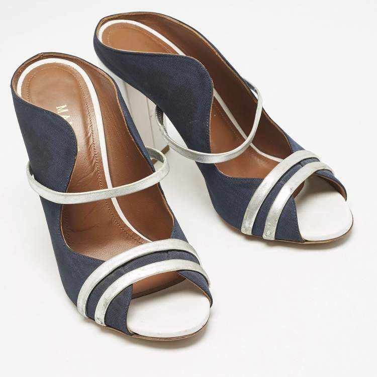 Pre Owned Malone Souliers Blue/Silver Canvas And Leather Maureen Block Heel Sandals Size 39.5