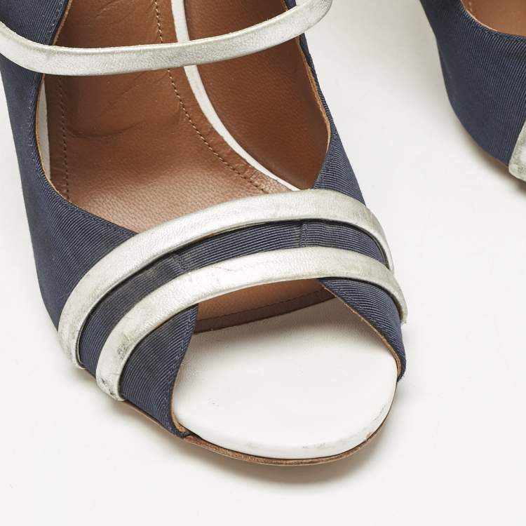 Pre Owned Malone Souliers Blue/Silver Canvas And Leather Maureen Block Heel Sandals Size 39.5