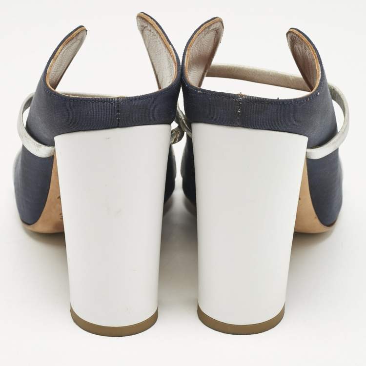 Pre Owned Malone Souliers Blue/Silver Canvas And Leather Maureen Block Heel Sandals Size 39.5