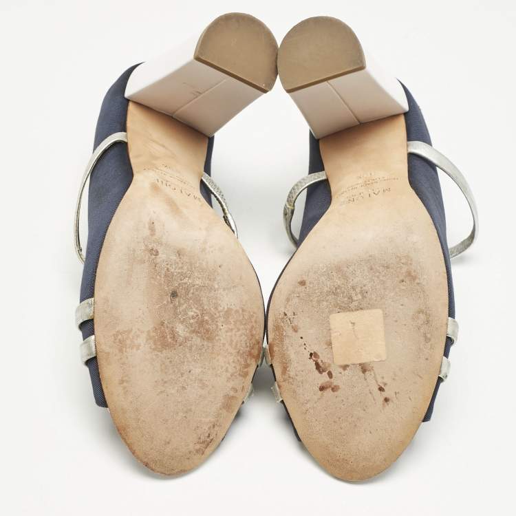 Pre Owned Malone Souliers Blue/Silver Canvas And Leather Maureen Block Heel Sandals Size 39.5