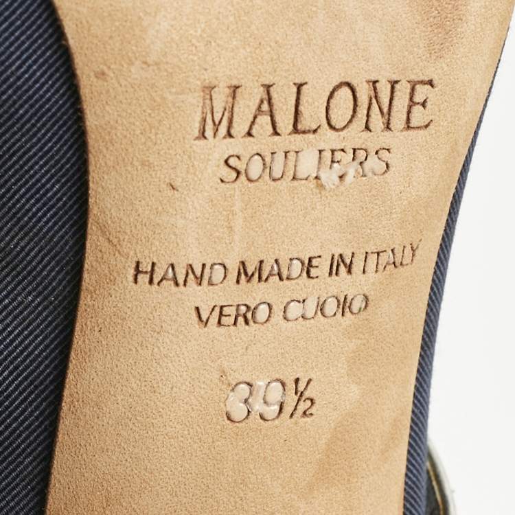 Pre Owned Malone Souliers Blue/Silver Canvas And Leather Maureen Block Heel Sandals Size 39.5