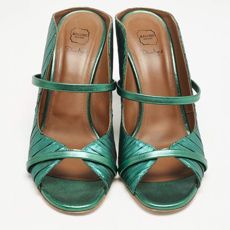 Pre Owned Malone Souliers Green Pleated Fabric and Leather Norah Mules Size 40.5