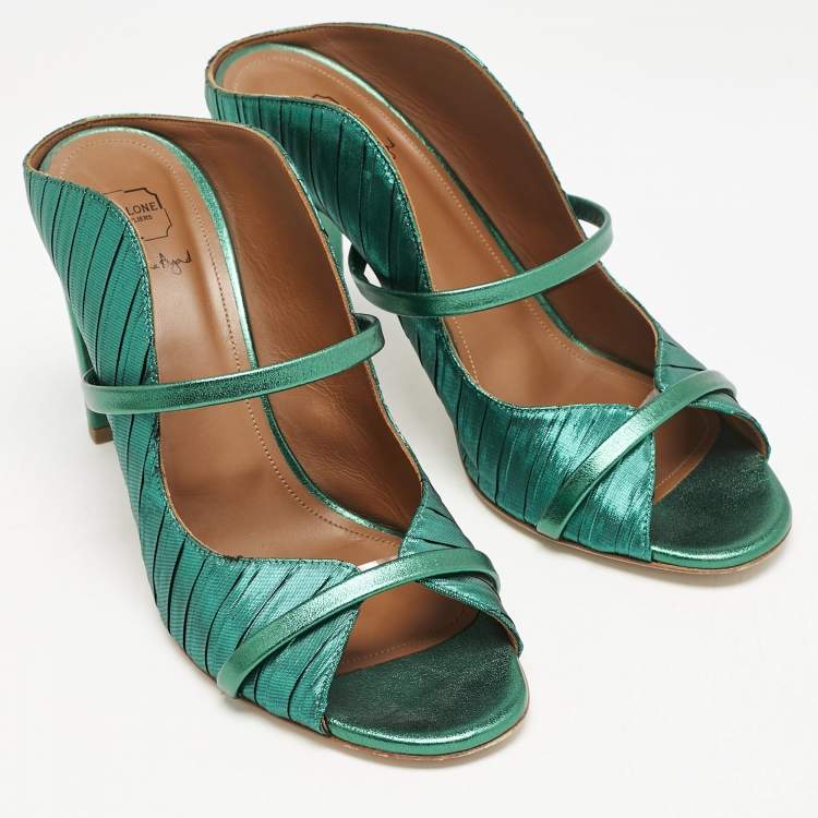 Pre Owned Malone Souliers Green Pleated Fabric and Leather Norah Mules Size 40.5