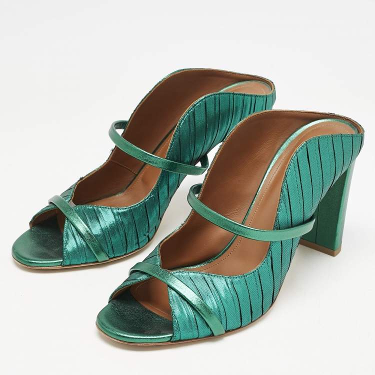 Pre Owned Malone Souliers Green Pleated Fabric and Leather Norah Mules Size 40.5
