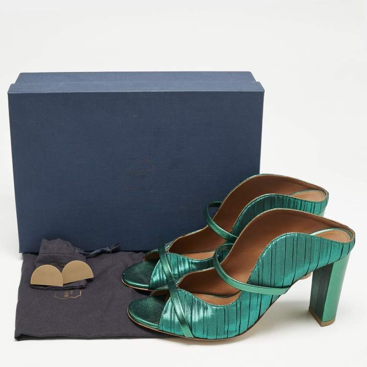 Pre Owned Malone Souliers Green Pleated Fabric and Leather Norah Mules Size 40.5