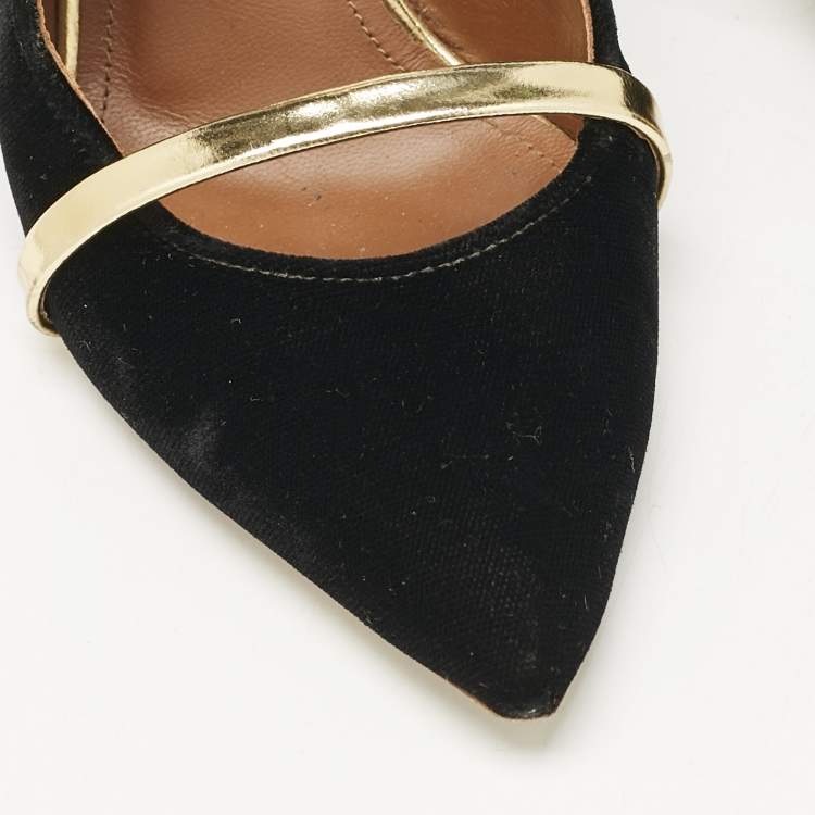 Pre Owned Malone Souliers Gold/Black Leather/Velvet Maureen Mules Size 36.5