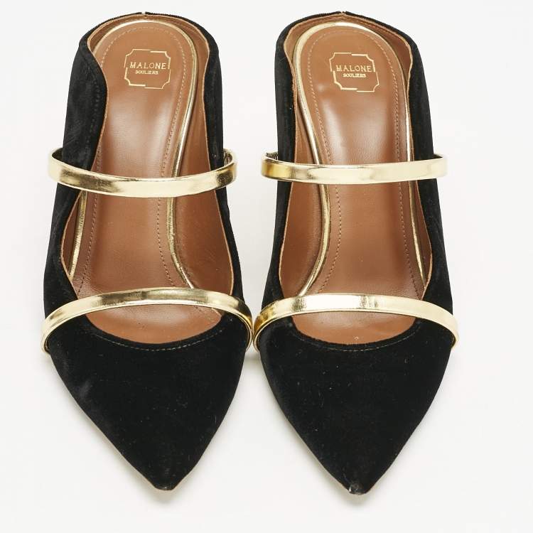 Pre Owned Malone Souliers Gold/Black Leather/Velvet Maureen Mules Size 36.5
