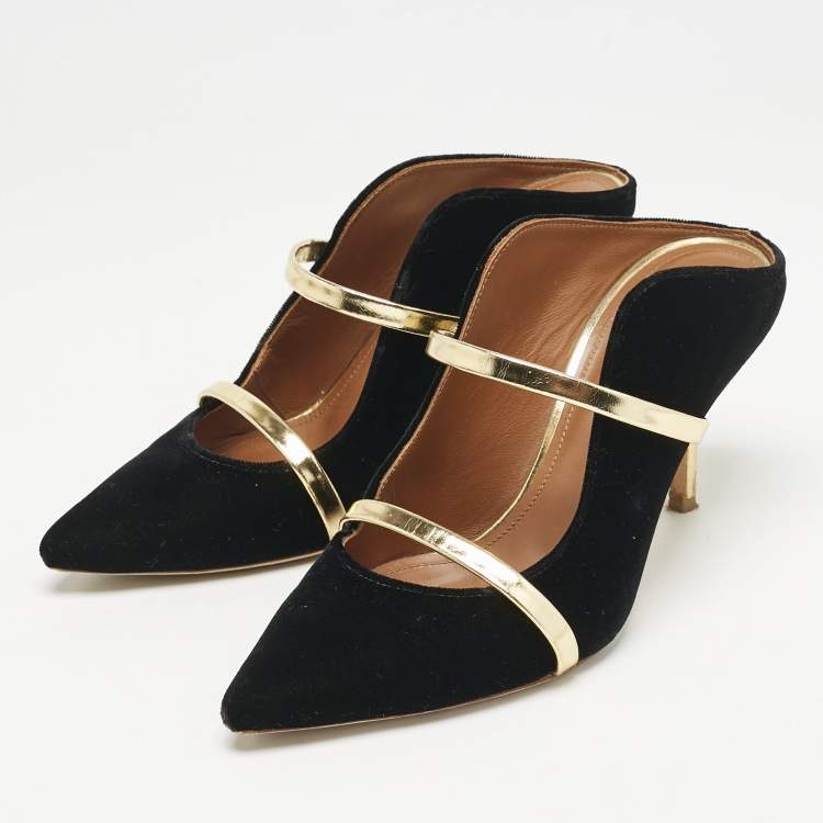 Pre Owned Malone Souliers Gold/Black Leather/Velvet Maureen Mules Size 36.5