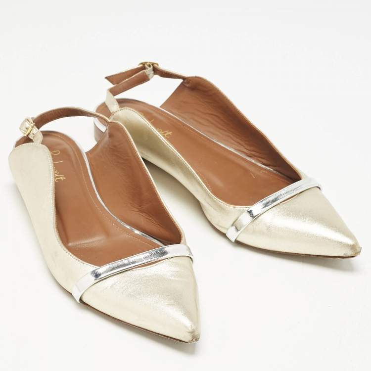Pre Owned Malone Souliers x Roy Luwolt Metallic Gold Leather Marion Luwolt Slingback Flats Size 37.5