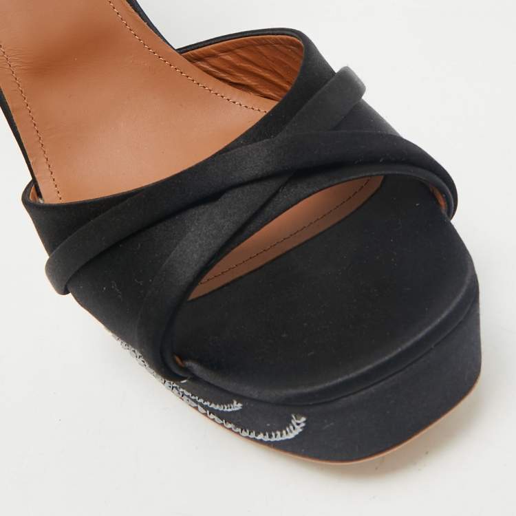 Pre Owned Malone Souliers Black Satin Crystal Embellished Platform Keaton Ankle Strap Sandals Size 42