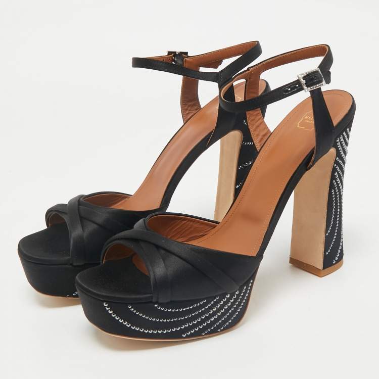 Pre Owned Malone Souliers Black Satin Crystal Embellished Platform Keaton Ankle Strap Sandals Size 42