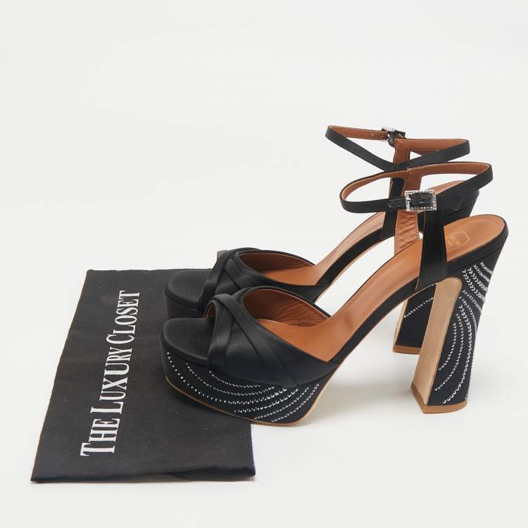 Pre Owned Malone Souliers Black Satin Crystal Embellished Platform Keaton Ankle Strap Sandals Size 42