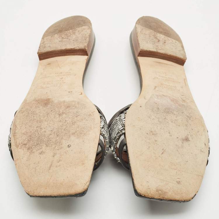 Pre Owned Malone Souliers Metallic Grey/Silver Leather And Fabric Demi Flat Slides Size 41