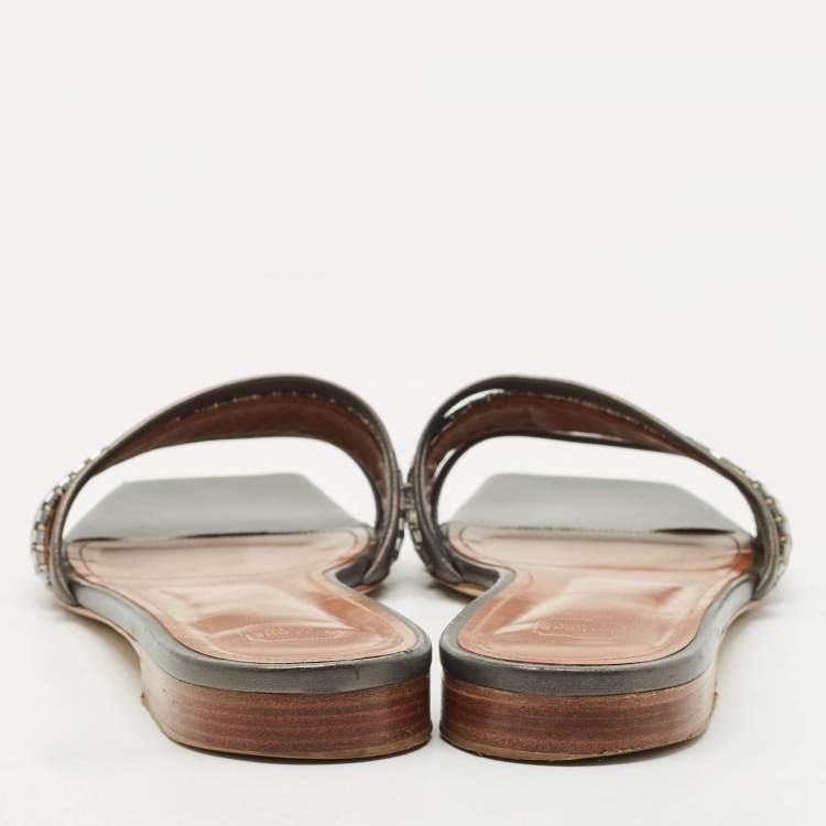 Pre Owned Malone Souliers Metallic Grey/Silver Leather And Fabric Demi Flat Slides Size 41
