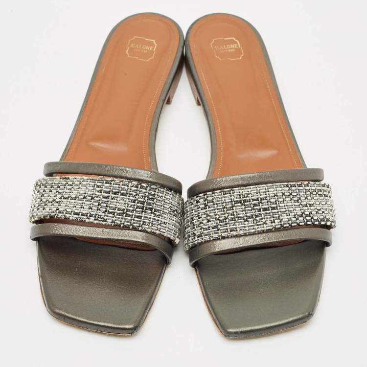 Pre Owned Malone Souliers Metallic Grey/Silver Leather And Fabric Demi Flat Slides Size 41