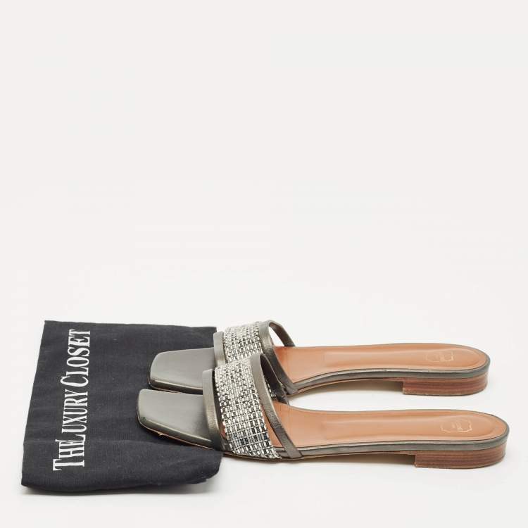 Pre Owned Malone Souliers Metallic Grey/Silver Leather And Fabric Demi Flat Slides Size 41