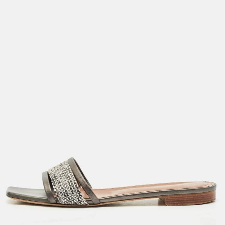 Pre Owned Malone Souliers Metallic Grey/Silver Leather And Fabric Demi Flat Slides Size 41