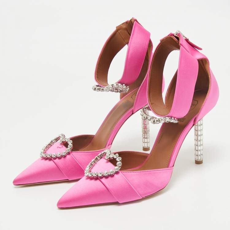 Pre Owned Malone Souliers x Emily In Paris Pink Satin Camille Ankle Strap Pumps Size 39